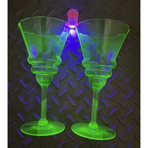 Vintage Uranium Glass Wine Goblets 7” Green UV Reactive Fluted Paneled Set of 2